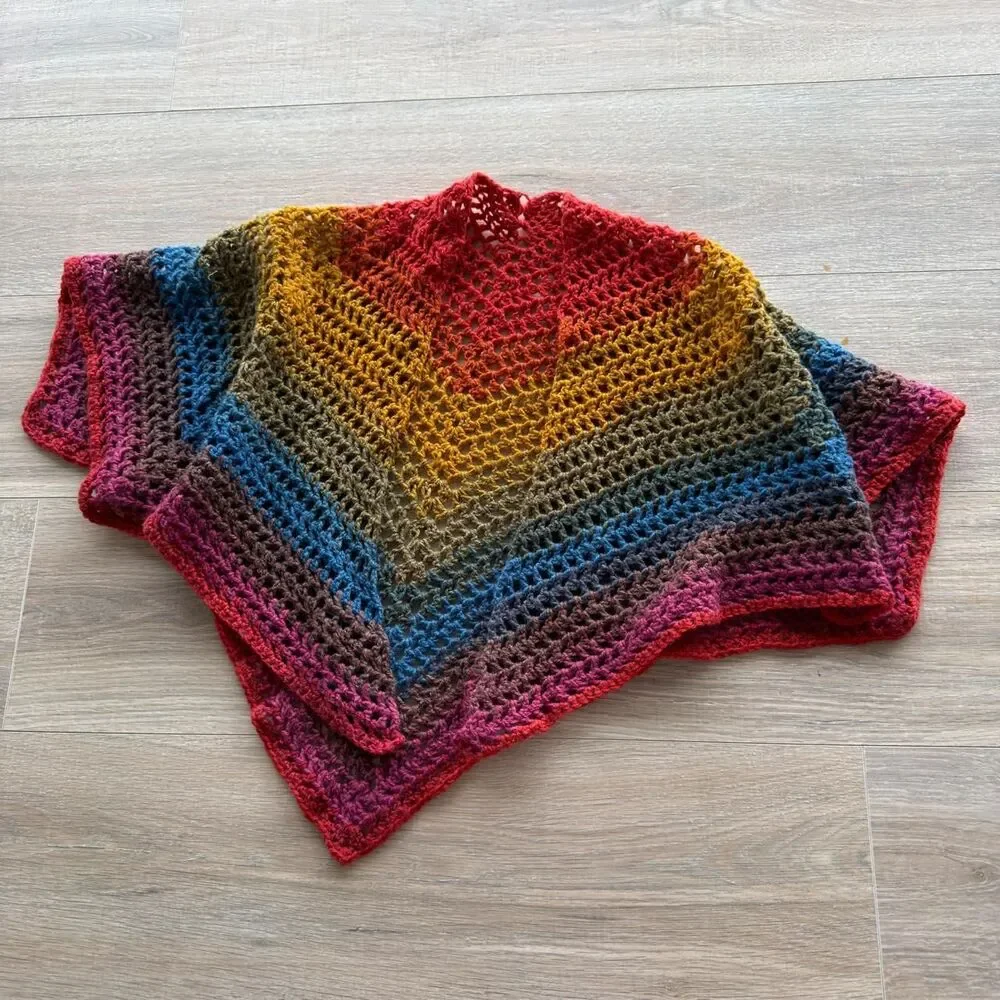 Handmade Rainbow Crochet Granny Stitch Triangle Shawl Wrap Grandma Retro OOAK